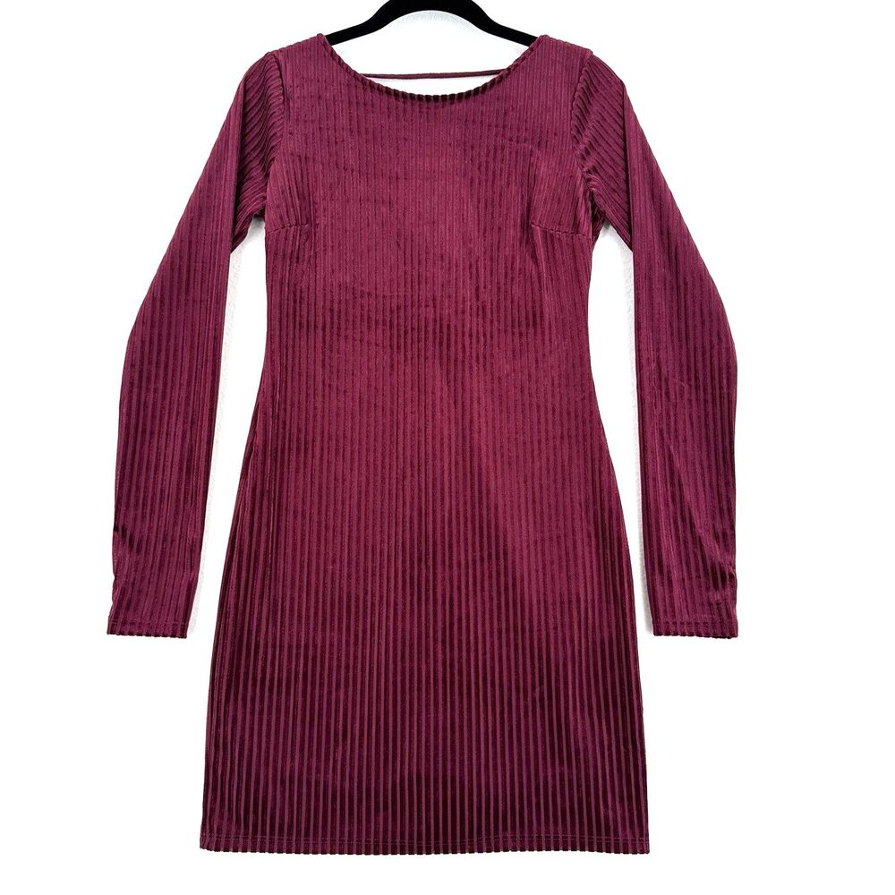 Forever 21 Velvet Dress S Burgundy Ribbed Bodycon Mini Long Sleeve Open Back NWT